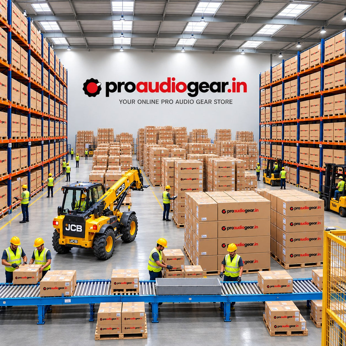 proaudiogear.in warehouse with stocked shelves and staff packing orders