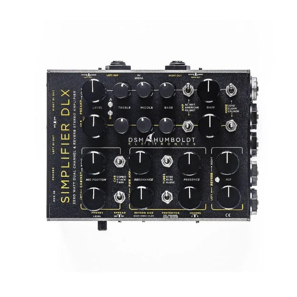 A black DSM-HUMBOLDT Simplifier DLX audio effects pedal with multiple black rotary knobs and white text labels, photographed from a top-down angle on a solid white background.