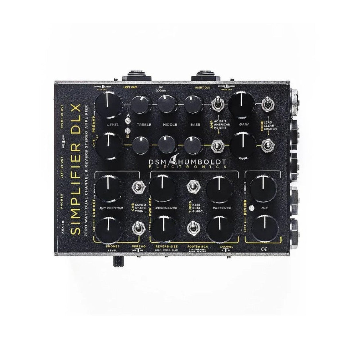 A black DSM-HUMBOLDT Simplifier DLX audio effects pedal with multiple black rotary knobs and white text labels, photographed from a top-down angle on a solid white background.