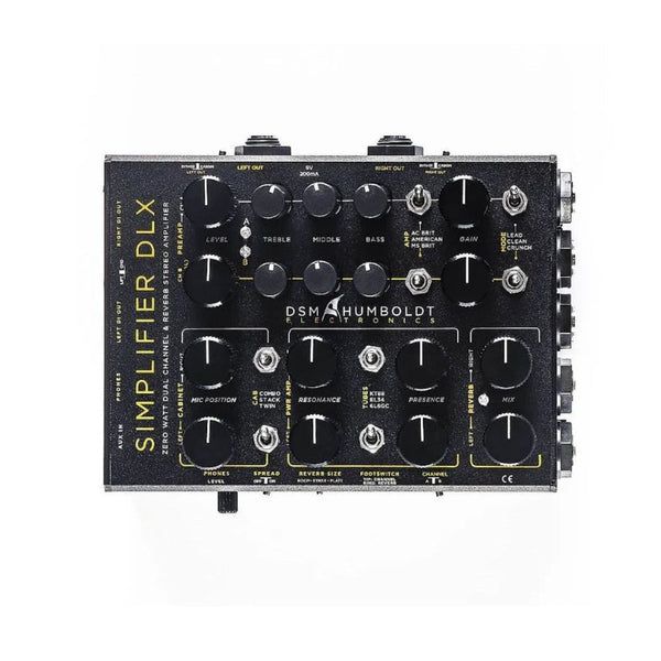 A black DSM-HUMBOLDT Simplifier DLX audio effects pedal with multiple black rotary knobs and white text labels, photographed from a top-down angle on a solid white background.
