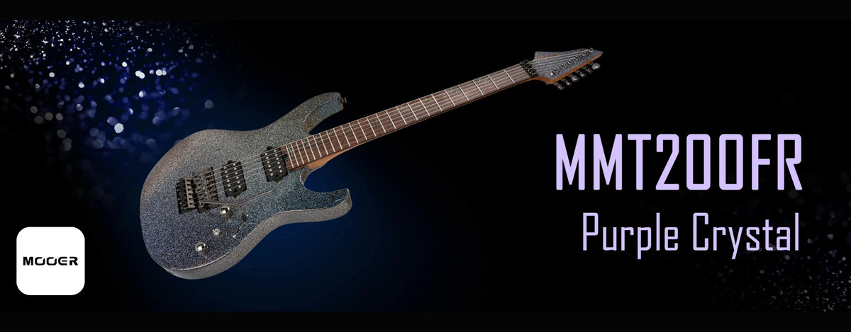 Mooer MMT200FR electric guitar in Purple Crystal glitter finish with floyd-rose style tremolo, shown on a dark starry background
