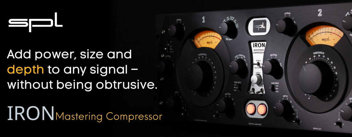 SPL IRON mastering compressor with VU meters and amber indicator lamps, "Add power, size and depth to any signal - without being obtrusive"