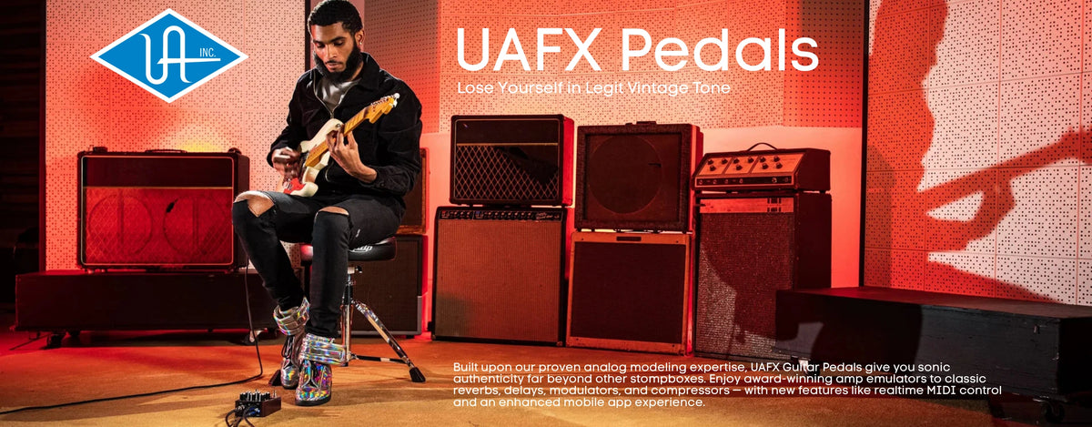 Universal Audio UAFX guitar pedals hero banner: a guitarist seated in front of vintage amplifiers, "Lose yourself in legit vintage tone"