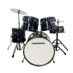 Tamrock TM-522 BK Black Acoustic 5 Piece Drum Kit, front view of the black kit with 22 inch bass drum, rack toms and floor tom