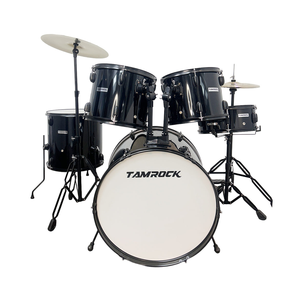 Tamrock TM-522 BK Black Acoustic 5 Piece Drum Kit, front view of the black kit with 22 inch bass drum, rack toms and floor tom