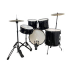 Tamrock TM-522 BK Black Acoustic 5 Piece Drum Kit, rear side view showing kick pedal, hi-hat stand and floor tom