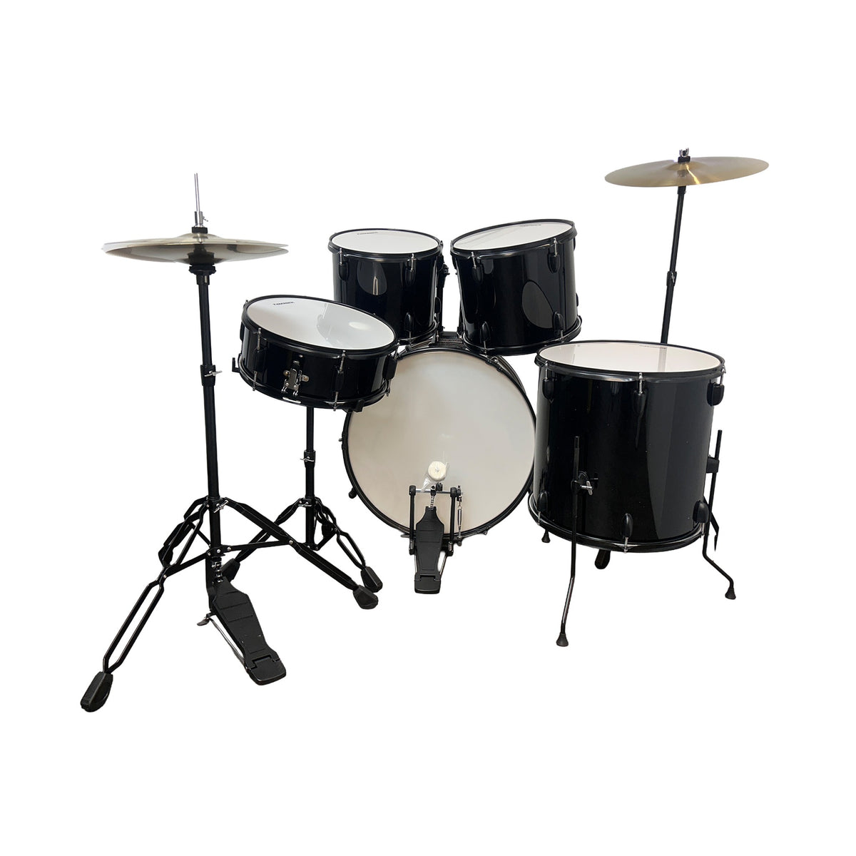 Tamrock TM-522 BK Black Acoustic 5 Piece Drum Kit, rear side view showing kick pedal, hi-hat stand and floor tom