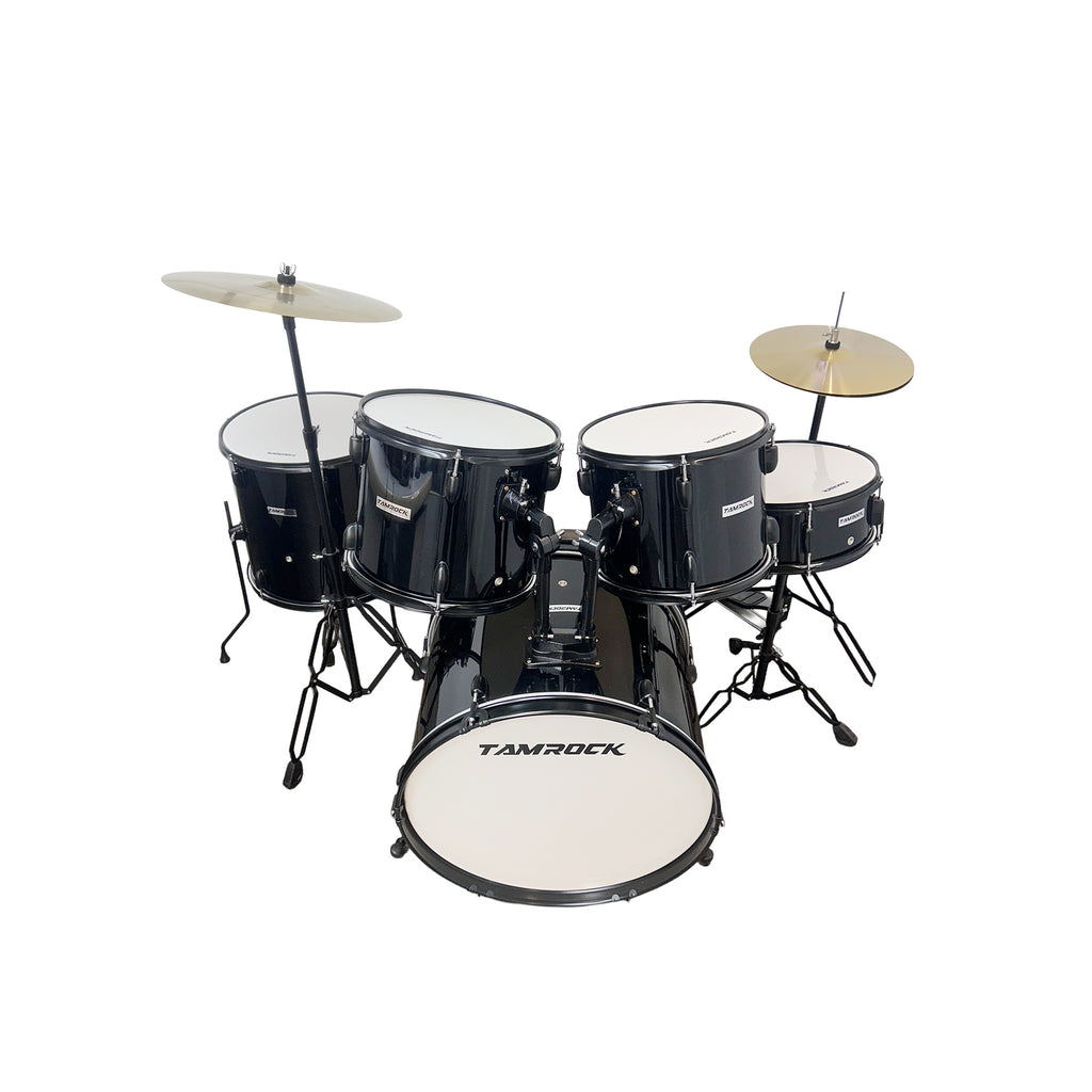 Tamrock TM-522 BK Black Acoustic 5 Piece Drum Kit, elevated rear view of the rack toms, snare and bass drum