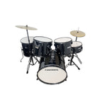 Tamrock TM-522 BK Black Acoustic 5 Piece Drum Kit, elevated rear view of the rack toms, snare and bass drum