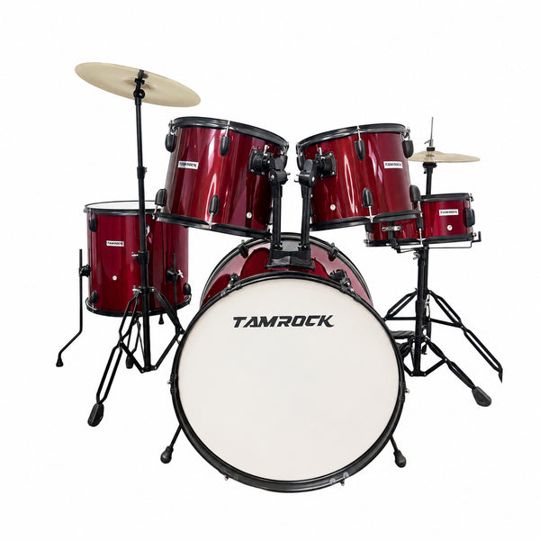 Tamrock TM-522 WR Wine Red Acoustic 5 Piece Drum Kit, front view of the wine red kit with 22 inch bass drum, rack toms and floor tom
