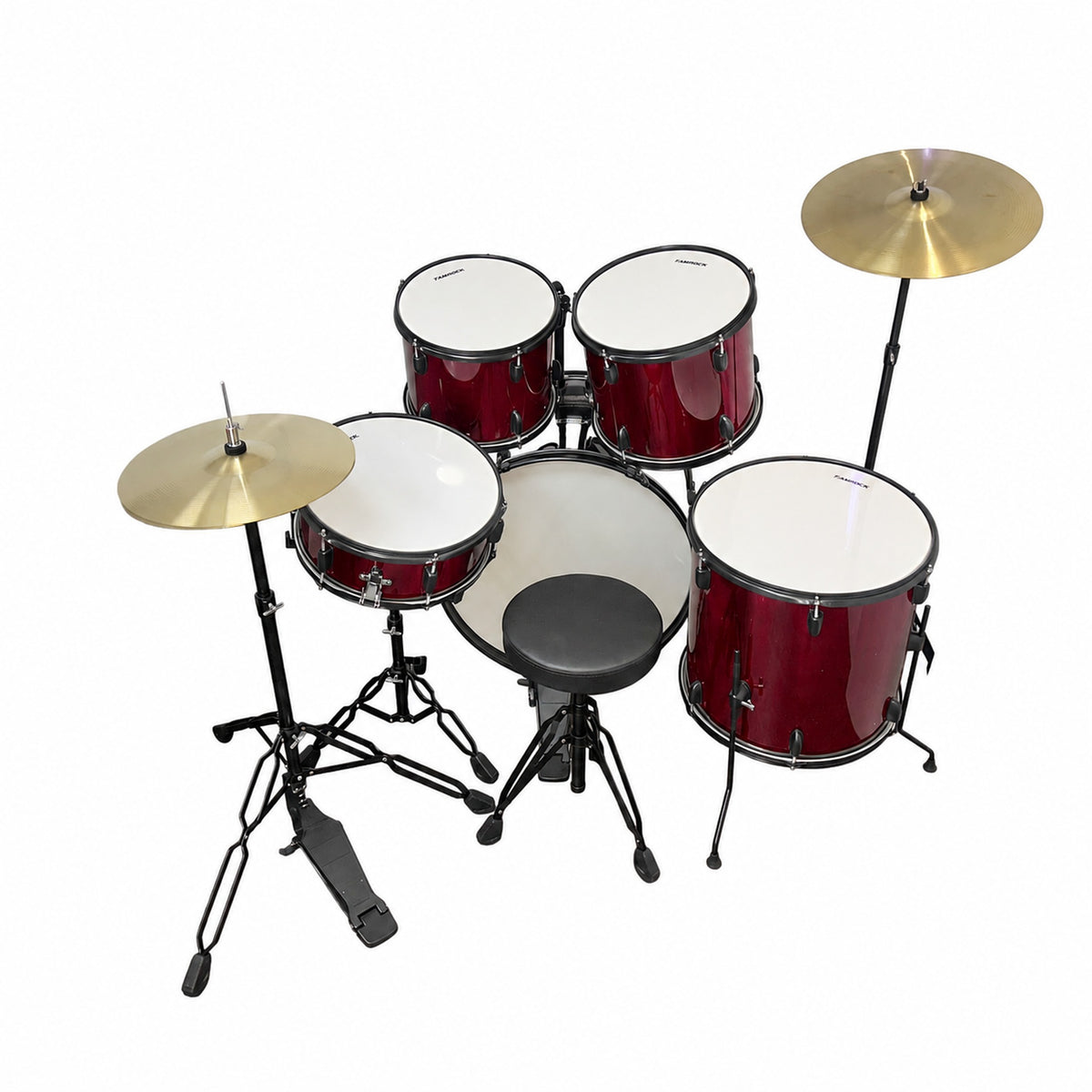 Tamrock TM-522 WR Wine Red Acoustic 5 Piece Drum Kit, top-down view of the kit layout with drum stool