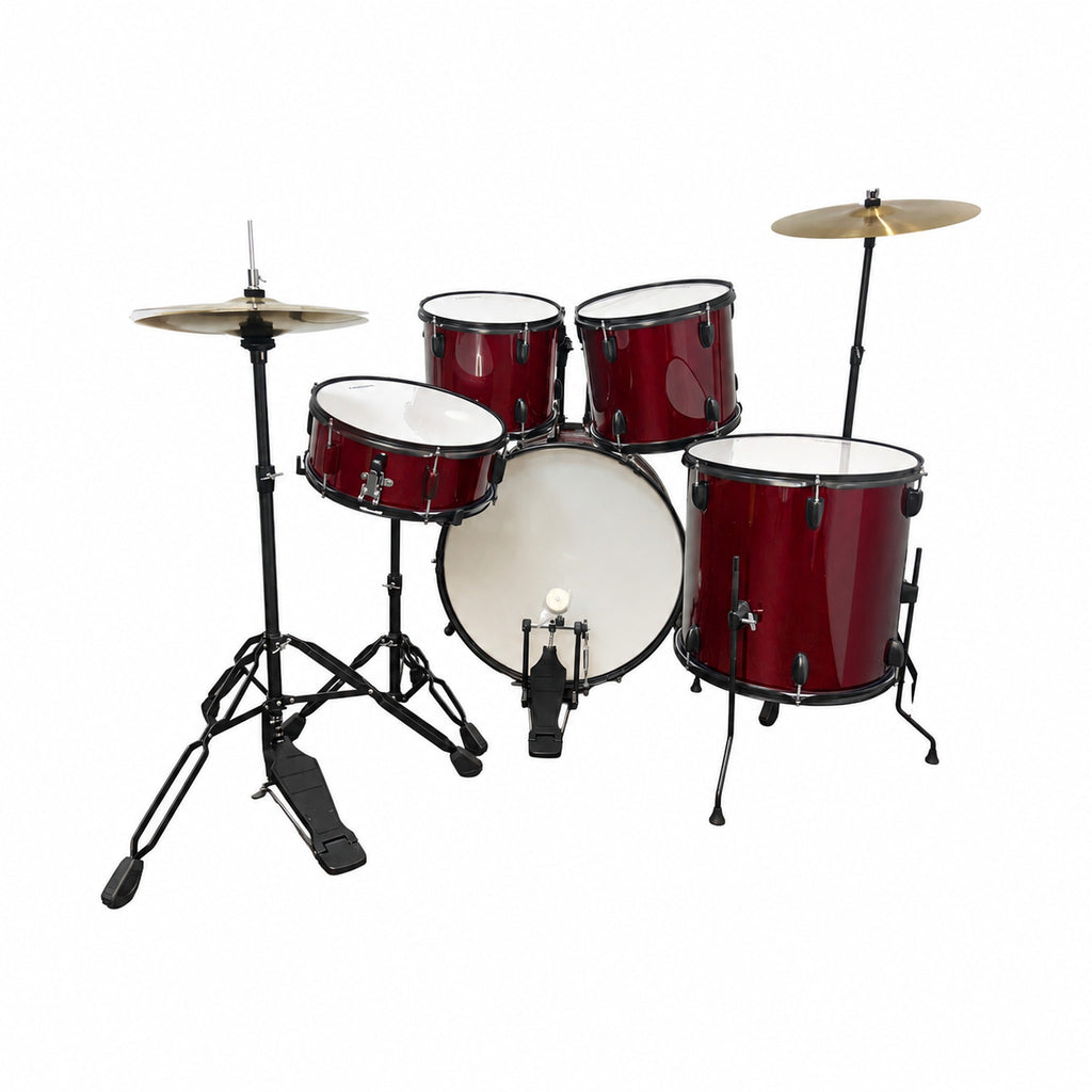 Tamrock TM-522 WR Wine Red Acoustic 5 Piece Drum Kit, rear side view showing kick pedal, hi-hat stand and floor tom