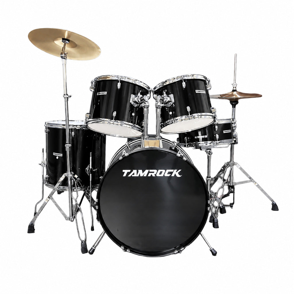 Tamrock TM-522P BK Black Acoustic 5 Piece Drum Kit, front view of the black kit with 22 inch bass drum, rack toms and floor tom