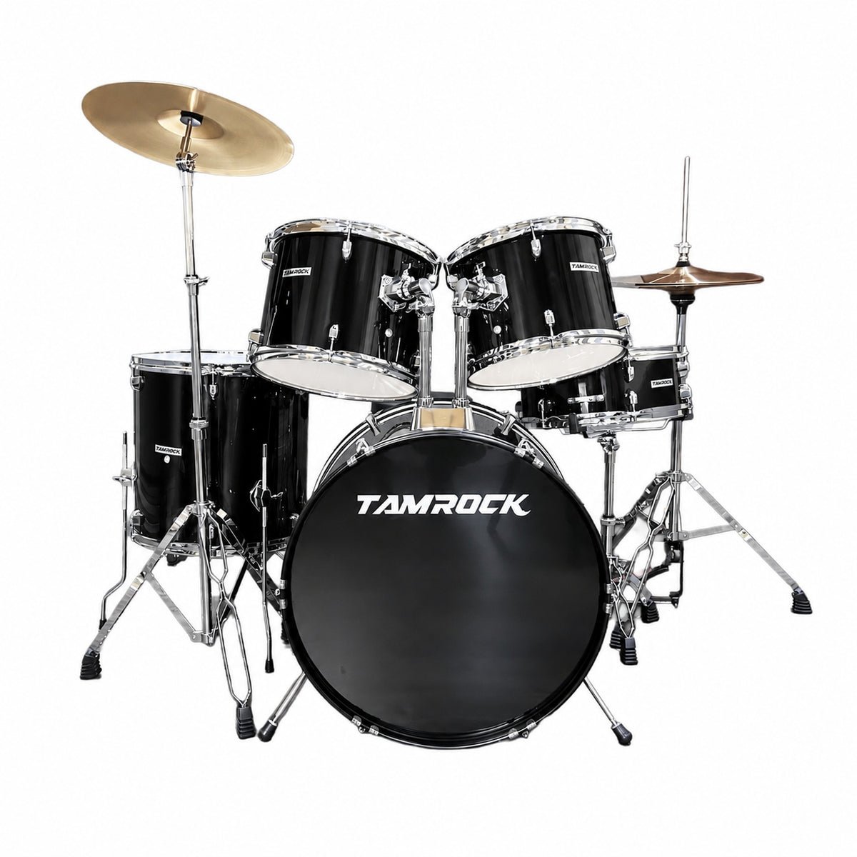 Tamrock TM-522P BK Black Acoustic 5 Piece Drum Kit, front view of the black kit with 22 inch bass drum, rack toms and floor tom