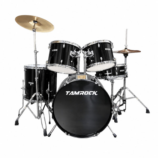 Tamrock TM-522P BK Black Acoustic 5 Piece Drum Kit, front view of the black kit with 22 inch bass drum, rack toms and floor tom