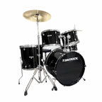 Tamrock TM-522P BK Black Acoustic 5 Piece Drum Kit, three-quarter view of the black kit showing toms, hi-hat stand and kick pedal