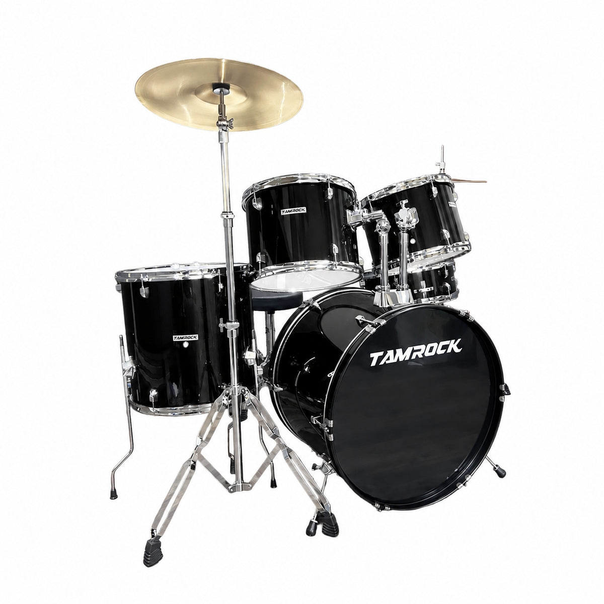 Tamrock TM-522P BK Black Acoustic 5 Piece Drum Kit, three-quarter view of the black kit showing toms, hi-hat stand and kick pedal