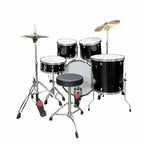 Tamrock TM-522P BK Black Acoustic 5 Piece Drum Kit, rear view of the black kit with drum stool and floor tom