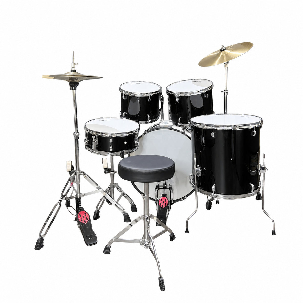 Tamrock TM-522P BK Black Acoustic 5 Piece Drum Kit, rear view of the black kit with drum stool and floor tom