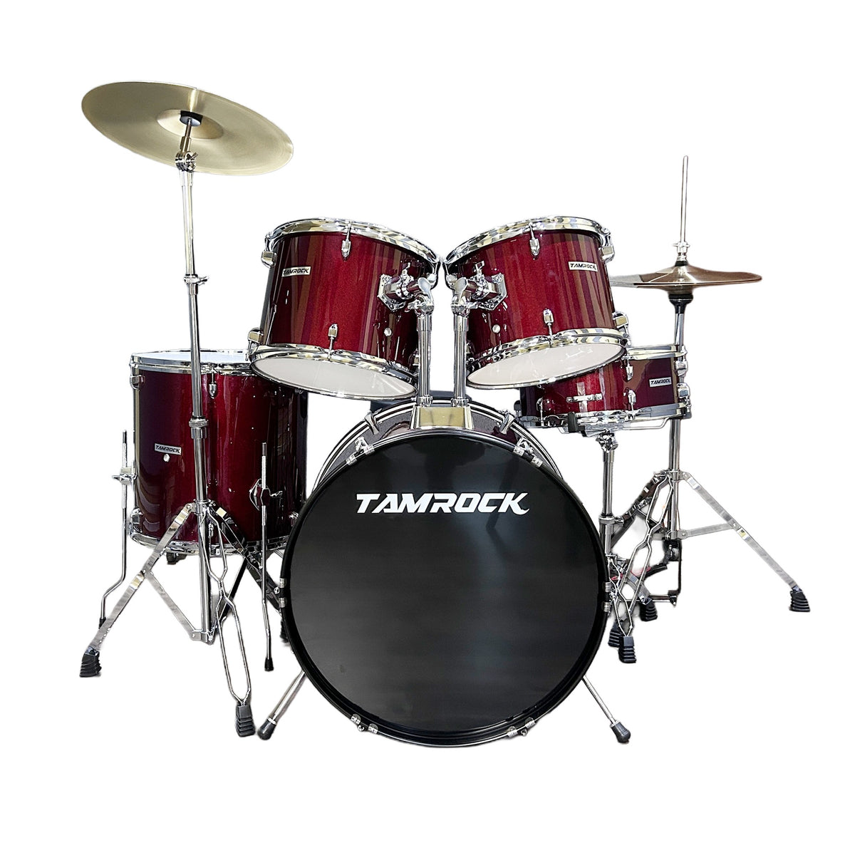 Tamrock TM-522P WR Wine Red Acoustic 5 Piece Drum Kit, front view of the wine red kit with 22 inch bass drum, rack toms and floor tom