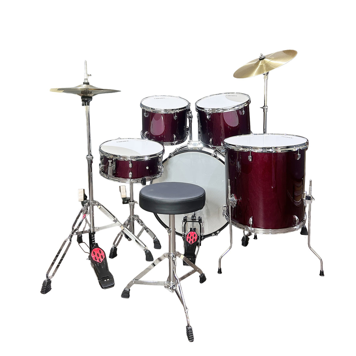 Tamrock TM-522P WR Wine Red Acoustic 5 Piece Drum Kit, rear view of the wine red kit with drum stool and floor tom