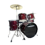 Tamrock TM-522P WR Wine Red Acoustic 5 Piece Drum Kit, three-quarter view of the wine red kit showing toms, hi-hat stand and kick pedal