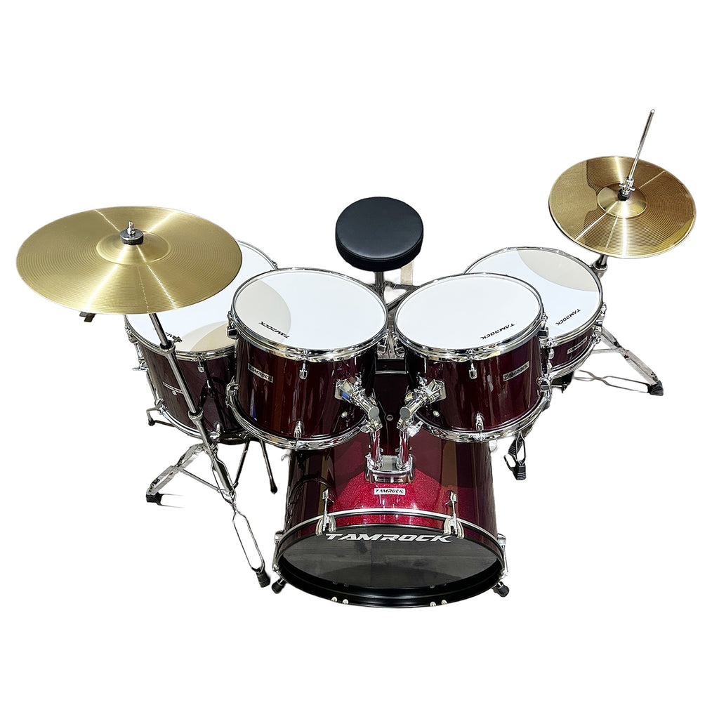 Tamrock TM-522P WR Wine Red Acoustic 5 Piece Drum Kit, top-down view of the wine red kit layout with drum stool