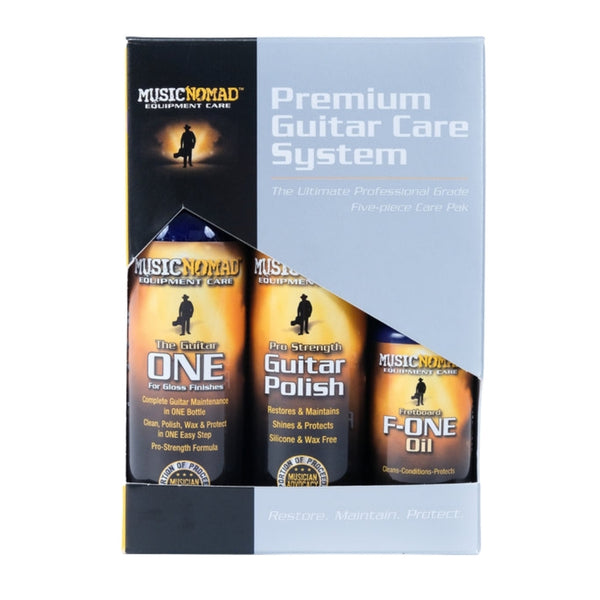 Music Nomad Premium Guitar Care System (5 Pak) - Guitar ONE(4 oz.), F-ONE(2 oz.), Guitar Polish(4 oz.), 2 Microfiber Cloths